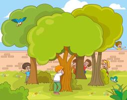 Children Playing Hide and Seek in a Green Forest. Happy Kids Hide Behind Trees and Bushes While Enjoying a Fun Outdoor Game. vector