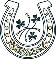 Vintage Celtic horseshoe with shamrocks and intricate knot pattern symbolizing Irish luck in a detailed folklore inspired vector