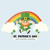 Happy Cute St. Patrick's Day Leprechaun with rainbow and clouds in cartoon style vector