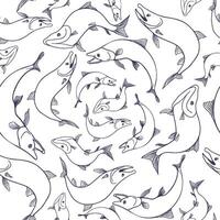 Seamless pattern with trout and salmon black silhouettes. Hand drawn nerka fish outline on repeat texture for packaging, textiles, backgrounds, wrapping paper, and fishing designs. vector