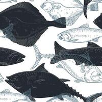 Tuna, halibut, and salmon seamless pattern in black white . Hand drawn engraving of ocean fish on a repeat background. Design for seafood packaging, fabric, wrapping paper, and marine themed. vector