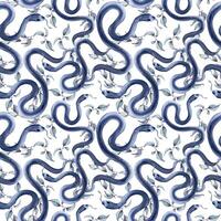 Seamless Pattern of dark blue snakes twist with gentle leaves watercolor isolated. Reptile on botanical monochrome repeated background hand drawn for mystical designs, animal print, wallpapers vector