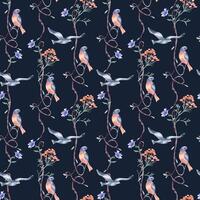 Seamless tree with birds of red, blue colors by watercolor isolated. Romantic repeating branches with heart shapes and delicate flowers pattern hand drawn. Avian wallpaper with floral elements vector