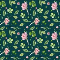 Floral seamless pattern and leaves by watercolor isolated. Repeated background with clover and pink hydrangea hand drawn. Spring flowers and herb painted in botanical realistic art. Design textile. vector