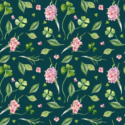 Floral seamless pattern and leaves by watercolor isolated. Repeated background with clover and pink hydrangea hand drawn. Spring flowers and herb painted in botanical realistic art. Design textile.