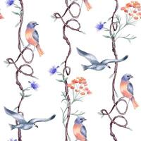 Seamless tree with birds of red, blue colors by watercolor isolated. Romantic repeating branches with heart shapes and delicate flowers pattern hand drawn. Avian wallpaper with floral elements vector