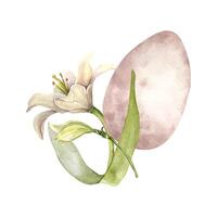 Easter egg with white lilies composition. Lily Christian symbol watercolor illustration isolated. Easter floral arrangement hand drawn in soft color. Design for Happy Easter greeting card, package. vector