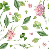 Floral seamless pattern and leaves by watercolor isolated. Repeated background with clover and pink hydrangea hand drawn. Spring flowers and herb painted in botanical realistic art. Design textile. vector