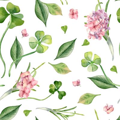 Floral seamless pattern and leaves by watercolor isolated. Repeated background with clover and pink hydrangea hand drawn. Spring flowers and herb painted in botanical realistic art. Design textile.