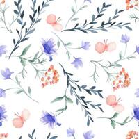Summer meadow seamless pattern of flowers and herbs in blue pink watercolor colors isolated. Abstract simple plants and butterflies hand drawn on repeated background. Foliate pattern design textile vector