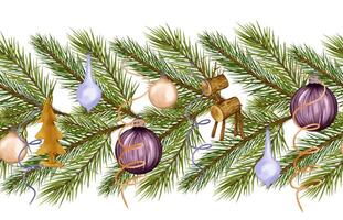 Pine tree branches with Christmas toys on seamless border isolated. Spruce in botanical art and Christmas decorations by watercolor hand drawn on endless background. Design for New Year banner vector