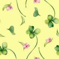 Shamrock and little pink flowers watercolor illustration on seamless pattern isolated. Floral design with green four lucky leaves on repeated background. Clover hand drawn in botanical sketch art vector