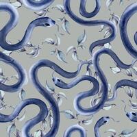 Seamless Pattern of dark blue snakes twist with gentle leaves watercolor isolated. Serpent on botanical monochrome repeated background hand drawn for mystical designs, animal print, wallpapers. vector
