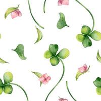 Clover leaves and little pink flowers watercolor illustration on seamless pattern isolated. Floral design on repeated background. Shamrock hand drawn in botanical sketch art for St. Patrick day vector