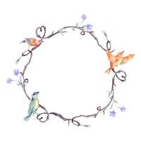 Circle frame of twigs, tiny birds and pastel blue flowers in watercolor painted isolated. Delicate branch with various birds on wreath hand drawn. Element for natural rustic designs, Valentine day. vector