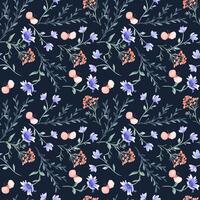 Summer meadow seamless pattern of flowers and herbs in blue pink watercolor colors isolated. Abstract simple plants and butterflies hand drawn on repeated background. Foliate pattern design textile vector