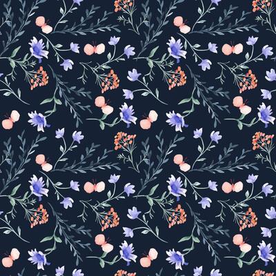 Summer meadow seamless pattern of flowers and herbs in blue pink watercolor colors isolated. Abstract simple plants and butterflies hand drawn on repeated background. Foliate pattern design textile
