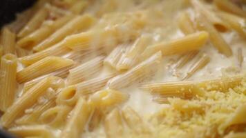 Closeup of pasta cooking in frying pan while anonymous cook adding cheese video