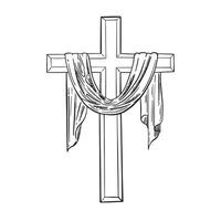 Sketch of a cross with a cloth. Hand drawn llustration. For easter, palm sunday . Religious theme. Crusifix. vector