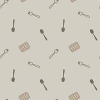 seamless minimal spoon, fork and biscuit repeat pattern in brown background vector
