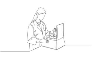 Continuous one line drawing of female scientist working at her lab using centrifuge machine for research, lab researcher concept, single line art vector