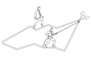 Continuous one line drawing of businessman trying to pull graph higher than competitor's graph, business competition concept, single line art vector