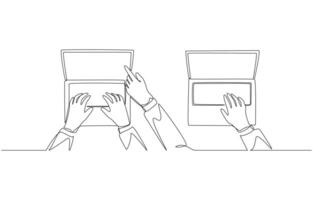 Continuous one line drawing of hand pointing on laptop screen of colleague, collaboration and teamwork, interaction at work concept, single line art vector