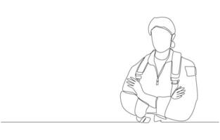 Continuous one line drawing of female fighter pilot crossing arms, air force pilot concept, single line art vector