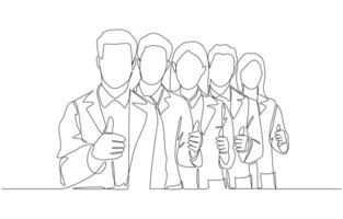 Continuous one line drawing of researchers standing in line giving thumbs up gesture, scientific operational research team concept, single line art vector