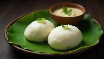 Delicious white steamed dumplings served on a banana leaf with a sweet sauce. photo