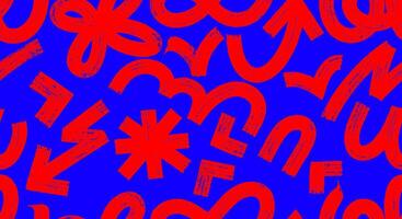 Various Abstract Geometric Brush Stroke Shapes Seamless Pattern. Red Arrow, Circles, Asterisk, Curved, Swirls, Bold Lines. Bold Dry Brush Drawn Geometric Figures, Design Objects Ornament. vector