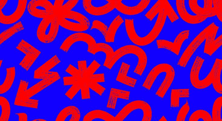 Various Abstract Geometric Brush Stroke Shapes Seamless Pattern. Red Arrow, Circles, Asterisk, Curved, Swirls, Bold Lines. Bold Dry Brush Drawn Geometric Figures, Design Objects Ornament.