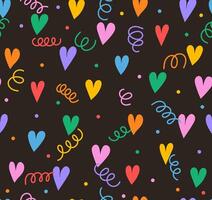 Seamless pattern with cute small colorful hearts and confetti. Seamless pattern . Holidays Valentines day. Colorful hearts on black background. Abstract flat background. vector