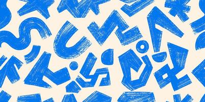 Seamless Geometric Pattern Memphis Style Background. Abstract Blue Pattern. Template Grunge Straight Brush Stroke, Circles, Zigzag Lines, Triangles. Hand Drawn Seamless Ink, Dry Brush Stroke. vector