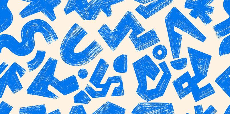Seamless Geometric Pattern Memphis Style Background. Abstract Blue Pattern. Template Grunge Straight Brush Stroke, Circles, Zigzag Lines, Triangles. Hand Drawn Seamless Ink, Dry Brush Stroke.