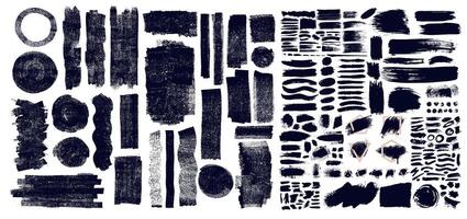 Brush Strokes Set. Big Collection Of Dry Brush Marks With Jagged Edges. Paintbrush Black Text Boxes. Template Grunge Design Elements. Dirty Texture Banners. Painted Frame, Art Objects. vector