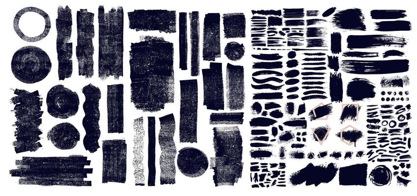 Brush Strokes Set. Big Collection Of Dry Brush Marks With Jagged Edges. Paintbrush Black Text Boxes. Template Grunge Design Elements. Dirty Texture Banners. Painted Frame, Art Objects.