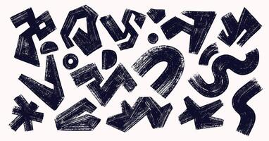 Set of abstract geometric shapes drawn with brushstroke. Black doodle modern figures, cloud, spiral, zigzag, stars, arch, other primitive elements, icons. Style art kid geometric graphic shapes vector