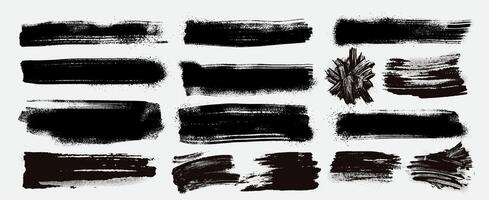 Black Paint Brush Set. Black Dotwork Grain Texture, Charcoal Splashes. Grunge Design Elements. Grunge Brush Strokes Text Boxe. Template Dirty Texture Banner, Art Canvas. Ink Splatters. Painted Objects vector