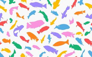 Colored fish seamless pattern wallpaper background. Pattern of fish of different shapes and species swim chaotically. Marine theme, sea and ocean fish. illustration. vector