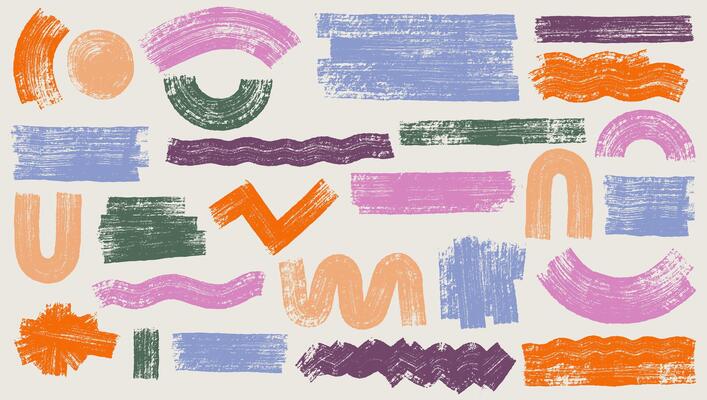 Hand Drawn Thick Grunge Lines And Abstract Shapes Set. Sketchy Bold Straight, Wavy, Zigzag Lines. Colored Ink Brush Strokes And Banners. Dry Grunge Marker Highlight Underline, Paint Bold Brush Strokes