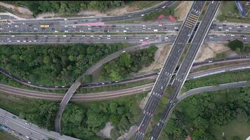 Aerial view of complex highway interchange with traffic in Kuala Lumpur Malaysia video