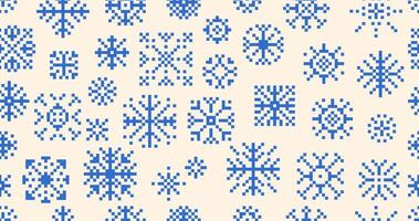 Seamless pattern snowflakes or snow icon in pixel art. Christmas winter pattern snowflake print. Retro seamless pattern Christmas illustration. illustration. vector