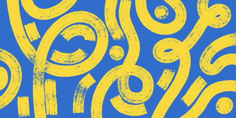 Abstract Dry Brush Stroke Noodle Pattern. Graphic Spaghetti Background With Yellow Ramen Noodles On Blue Background. Hand Drawn Distress Damaged Edge Vintage Template, Banner, Poster.