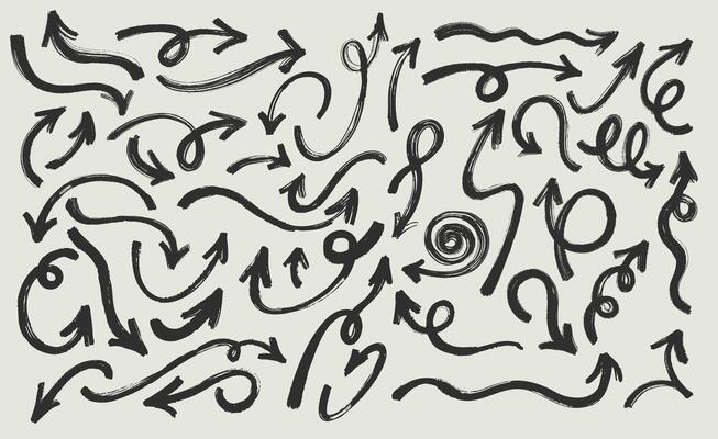 Collection Of Scrawls And Scribbles. Direction Pointers Arrows. Hand Drawn Grunge Lines And Abstract Arrows Set. Dry Grunge Arrows Highlight Underline, Paint Bold Brush Strokes.