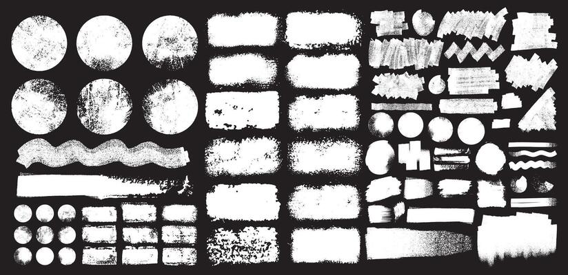 Grunge Design Elements Paint Roller, Dry Brush Strokes. Big Collection Of White Paint Brush Stroke, Ink Splash And Grungy Decoration Elements. Splatter, Grunge Line And Artistic Design Elements