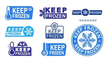Set of Keep frozen label. Template blue and black Keep frozen badges for product. Collection of sticker with snowflake and thermometer. Storage in refrigerator and freezer. illustration. vector