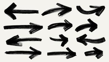 Set Of Grunge Arrow. Arrow Icon Collection. Grunge Pointer. Watercolor Arrow Black On A White Background. Realistic Drawing With A Brush Paint. Hand Draw Brush Arrows To The Right, Left. vector