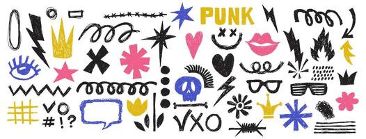 Set of grange punk elements with chalk or crayon texture. Template hand drawn graffiti shapes. Collection of black punk doodle signs and symbols. Punk style with chalk, crayon texture. vector