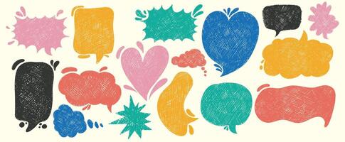 Set of hand draw text boxes and speech colored bubbles with crayon or chalk texture. Hand drawn callout clouds. Speech bubbles various shapes set. retro illustration on a white background. vector